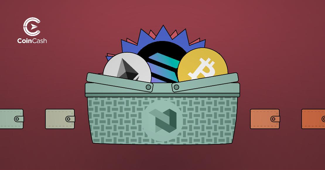 BTC, SOL és ETH logós érmék egy Nexo logóval ellátott kosárban, mellette pénztárcákkal